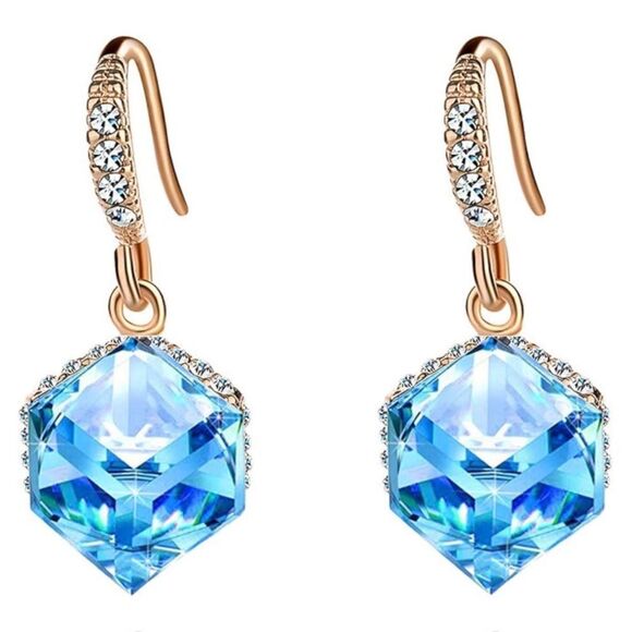 14K Rose Gold with Aquamarine Blue and Diamond Austrian  14K Rose Gold with Aquamarine Blue and Diamond Austrian Crystal Cube Earrings